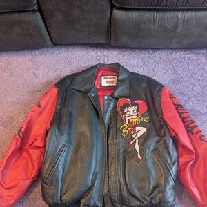 Black and Red Leather Jacket with Cartoon Design